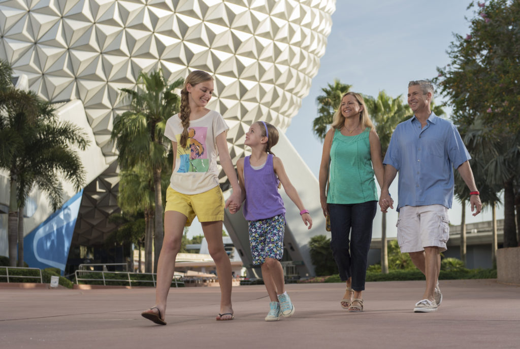 family walking in front of Disney's Epcot ball