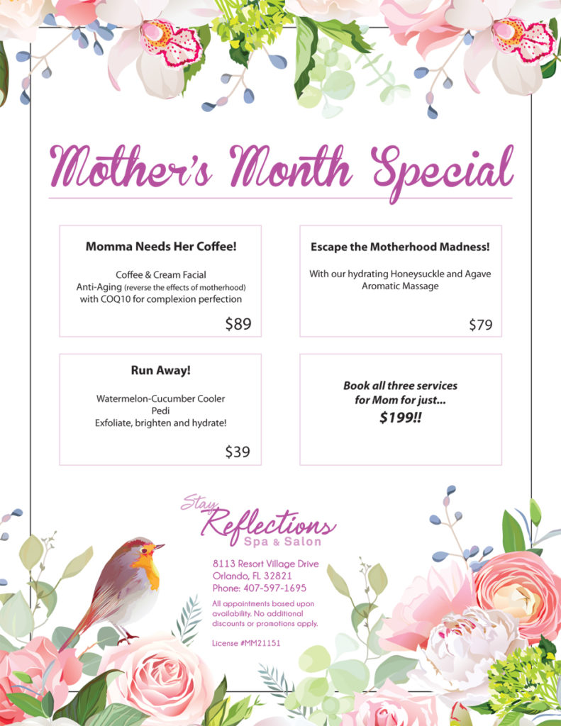 Reflections Spa Specials Menu phone 4075971695